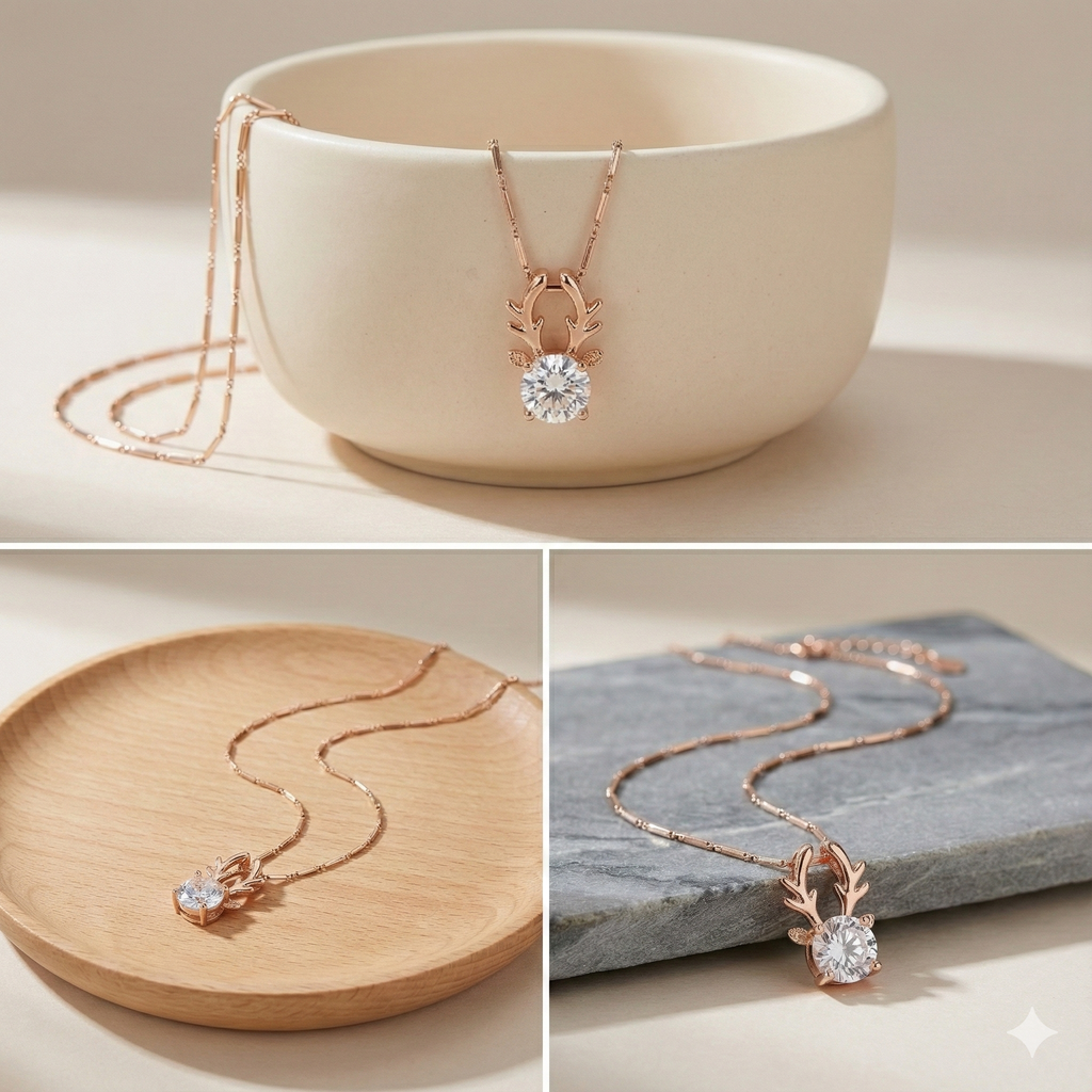 Rose Gold Antler Solitaire Necklace