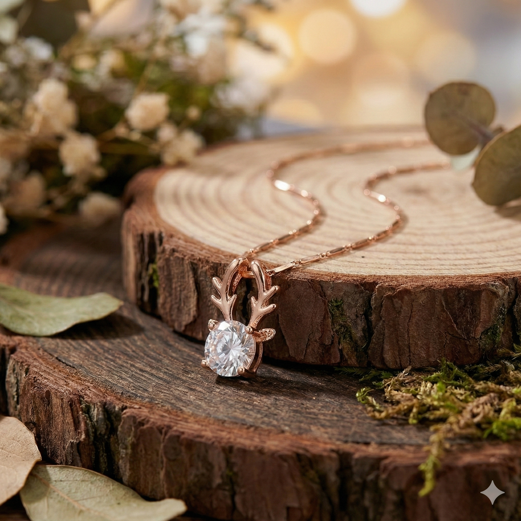 Rose Gold Antler Solitaire Necklace