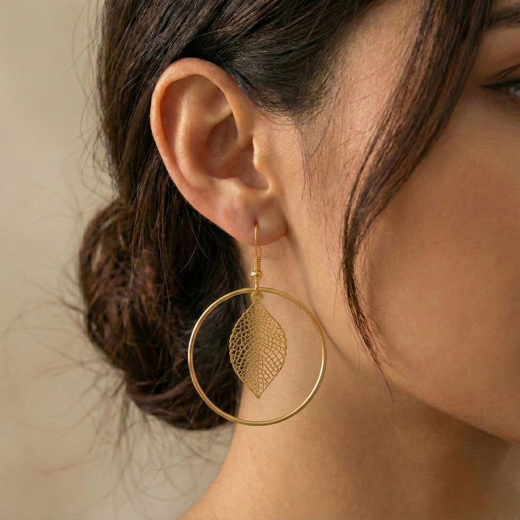 Leaf Charm Hoops Earrings