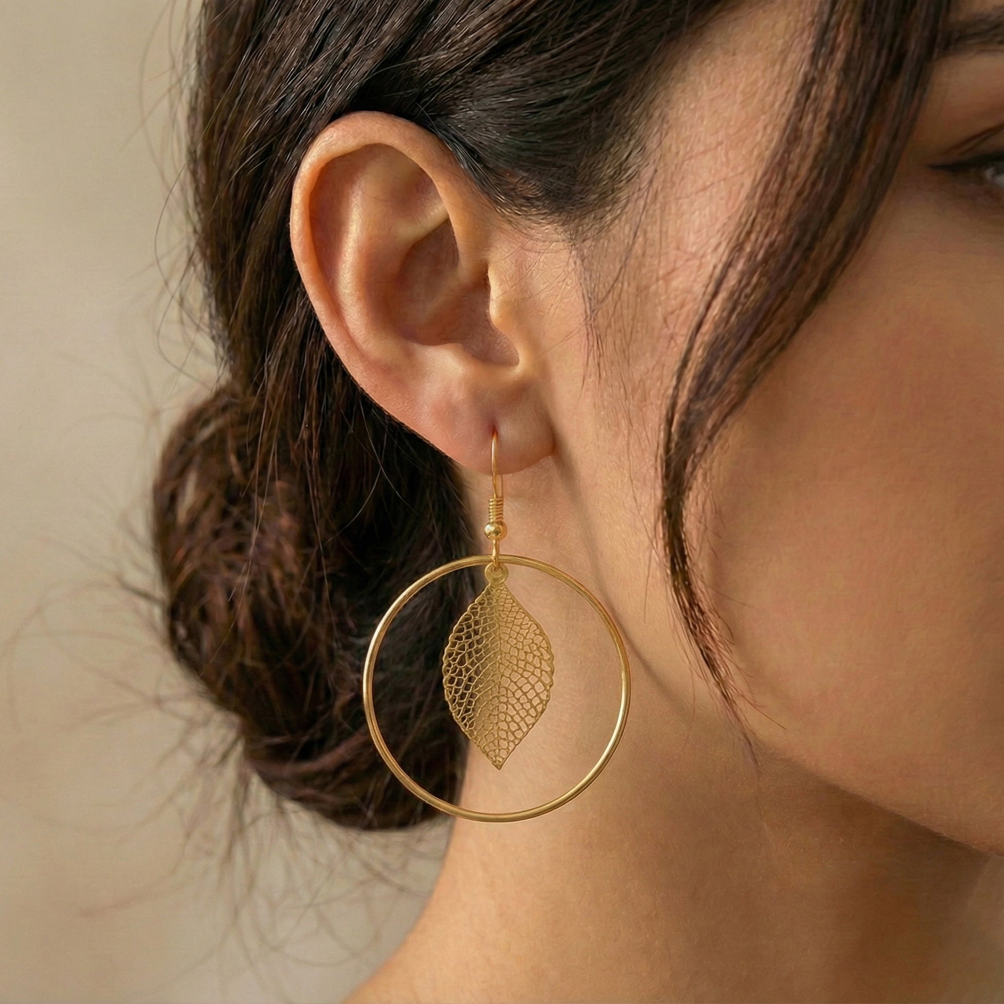 Leaf Charm Hoops Earrings