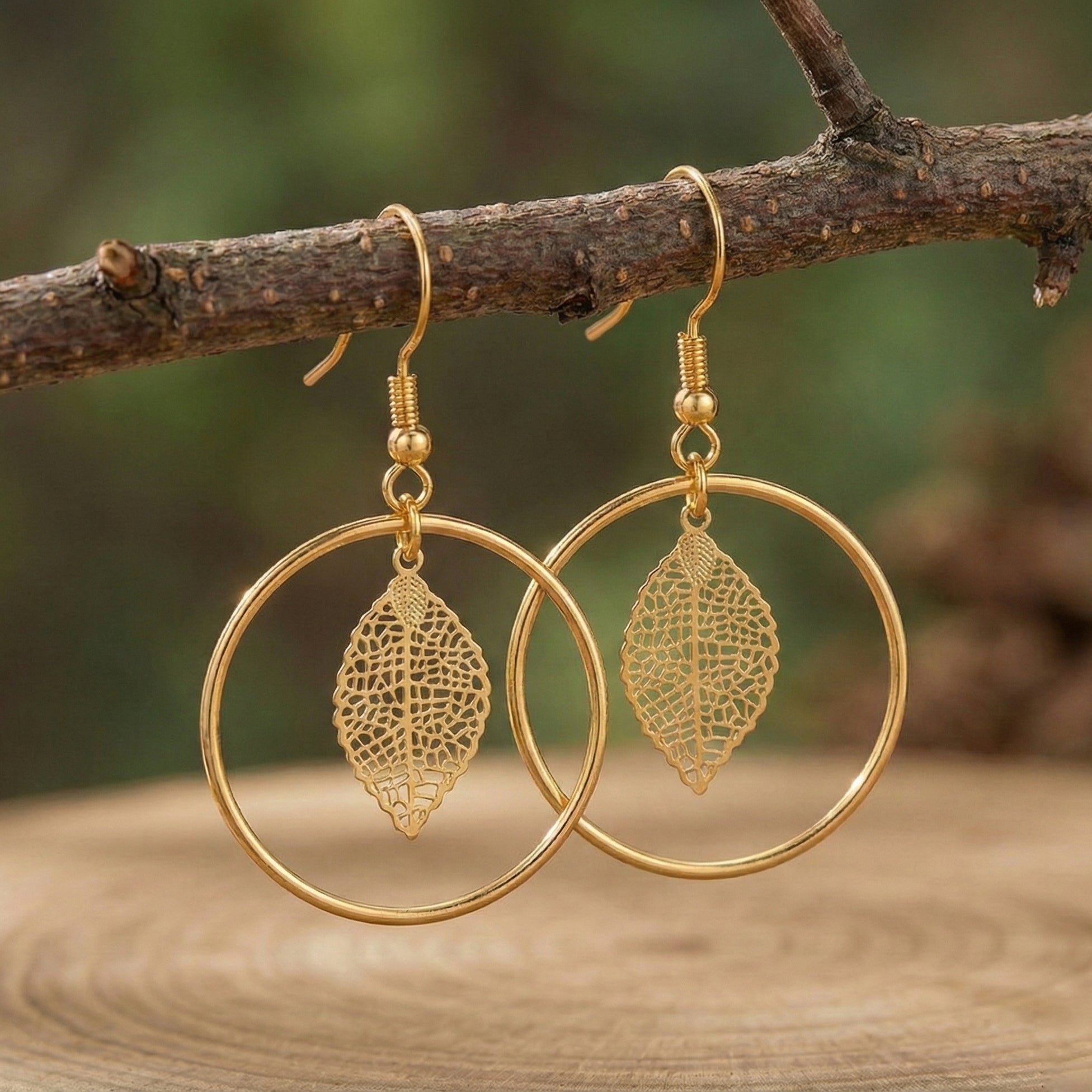 Leaf Charm Hoops Earrings