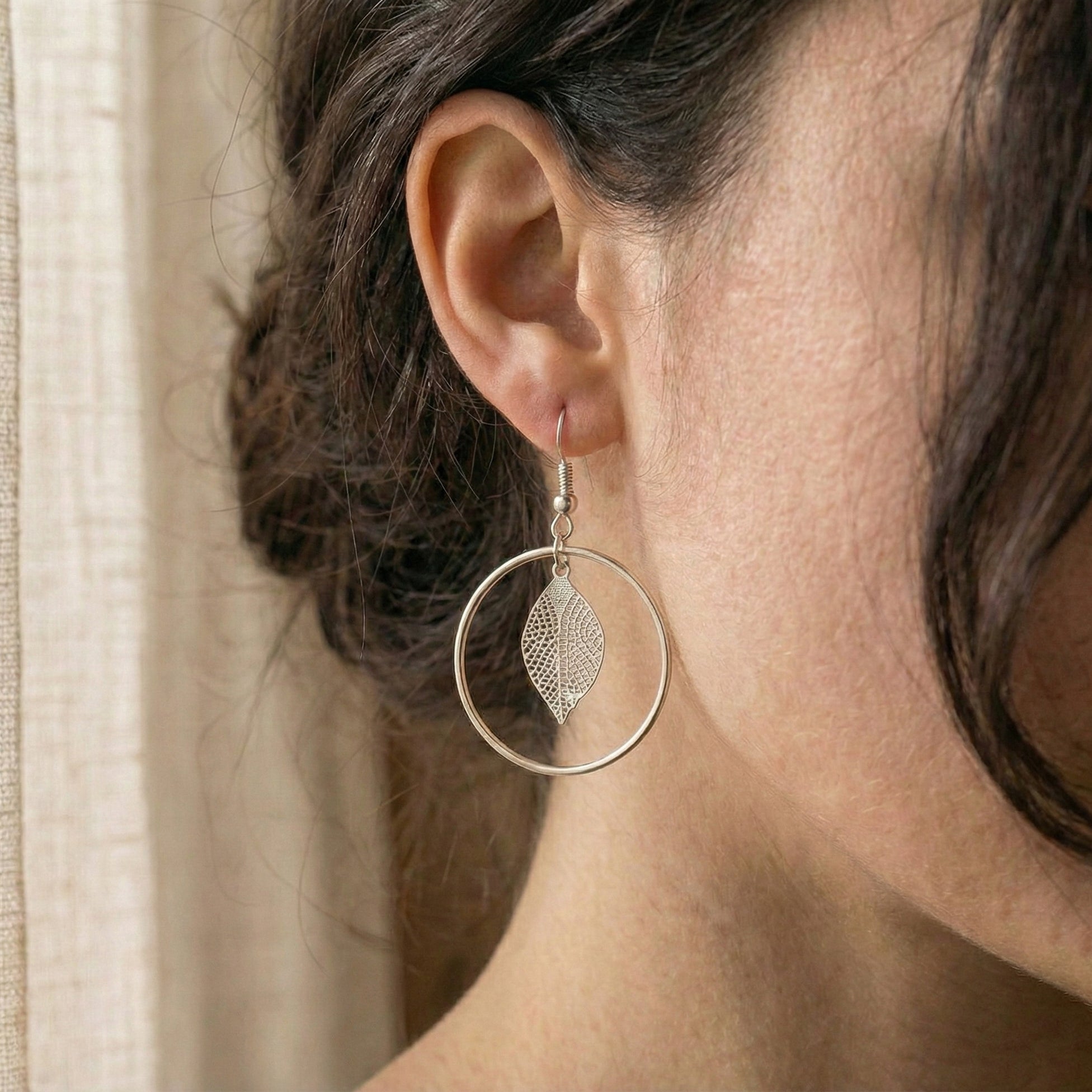 Leaf Charm Hoops Earrings