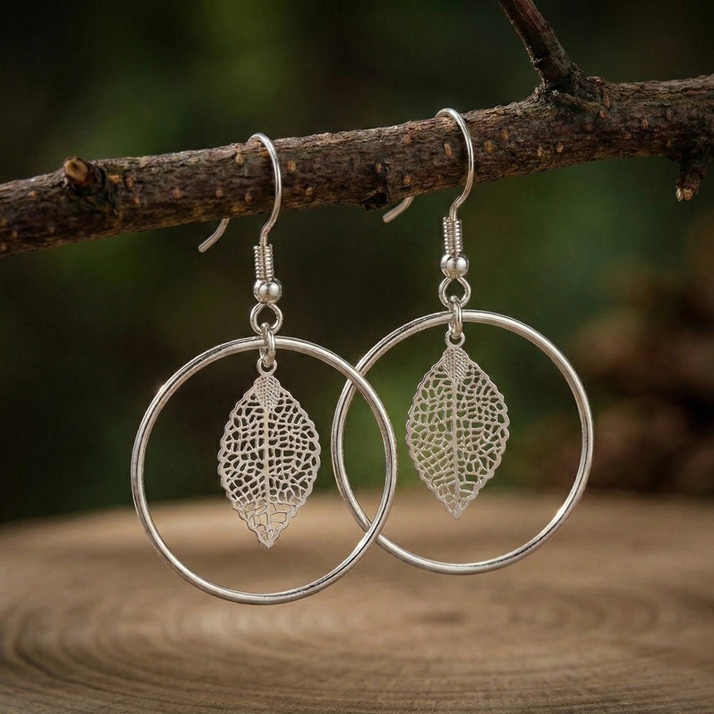 Leaf Charm Hoops Earrings