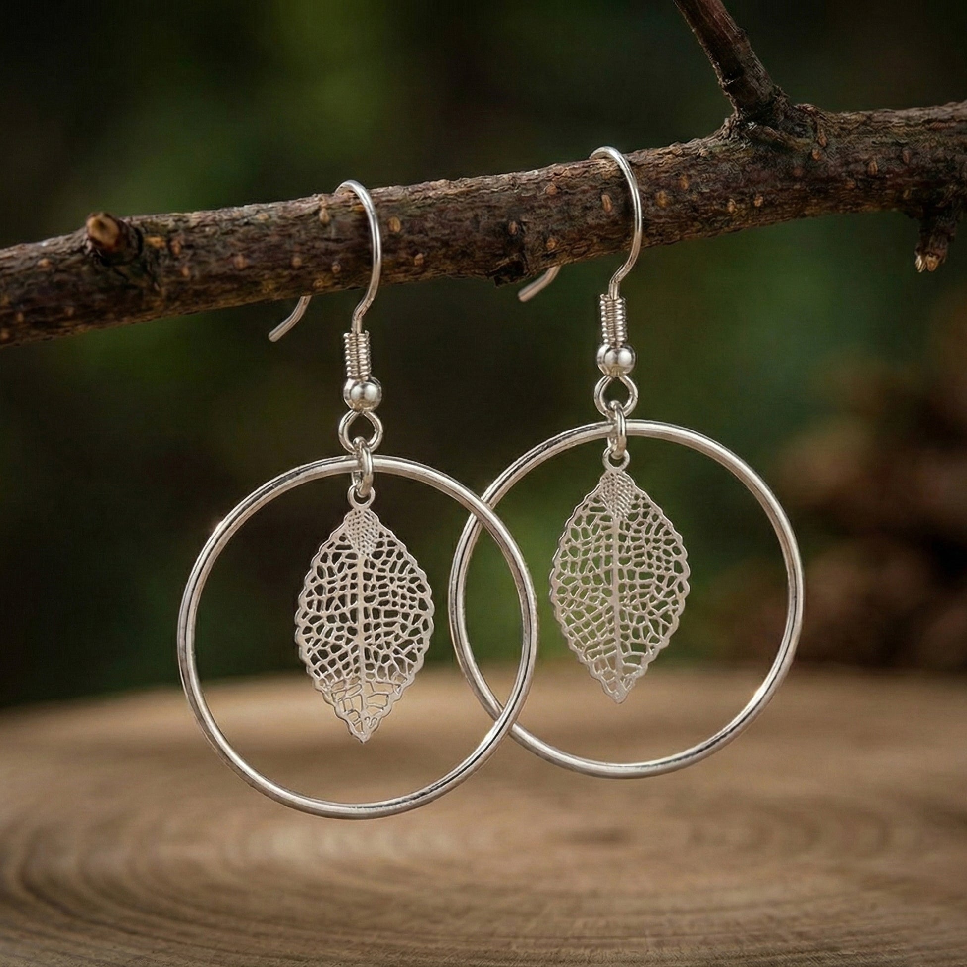 Leaf Charm Hoops Earrings
