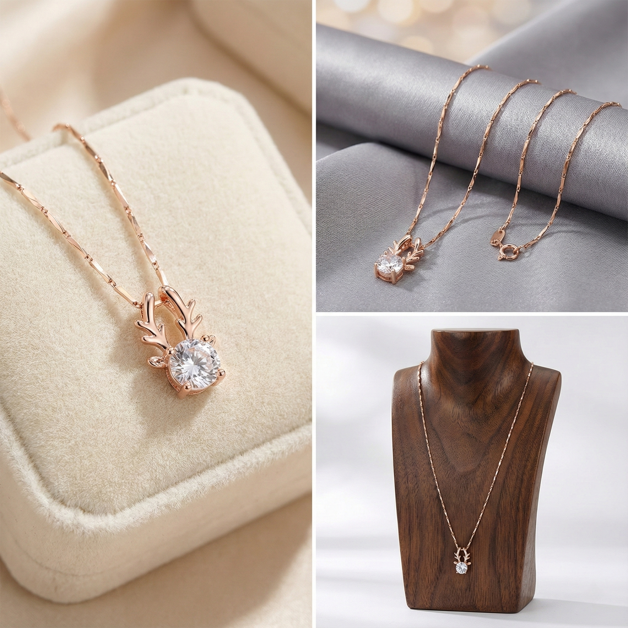 Rose Gold Antler Solitaire Necklace