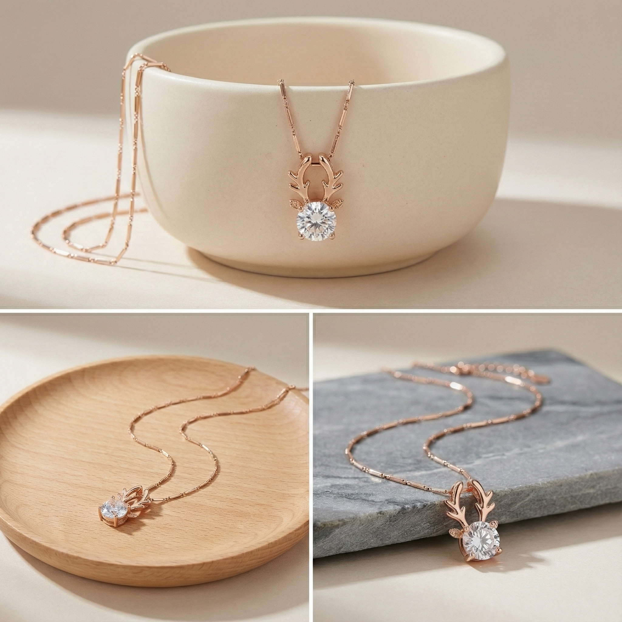 Rose Gold Antler Solitaire Necklace